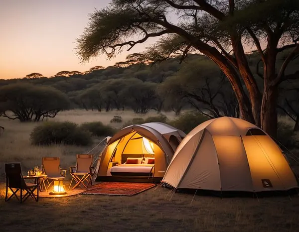 Campement mobile illuminé à la lanterne au crépuscule, en pleine savane