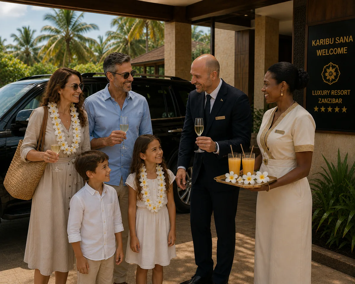 Family with two children welcomed by a concierge at a luxury resort in Zanzibar