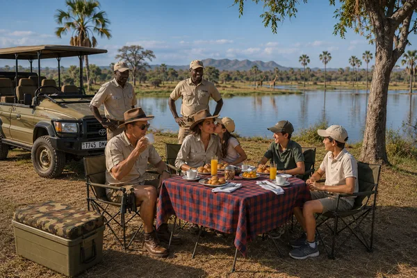 Famille prenant le petit-déjeuner au bord d'une rivière bordée de palmiers, girafes au loin
