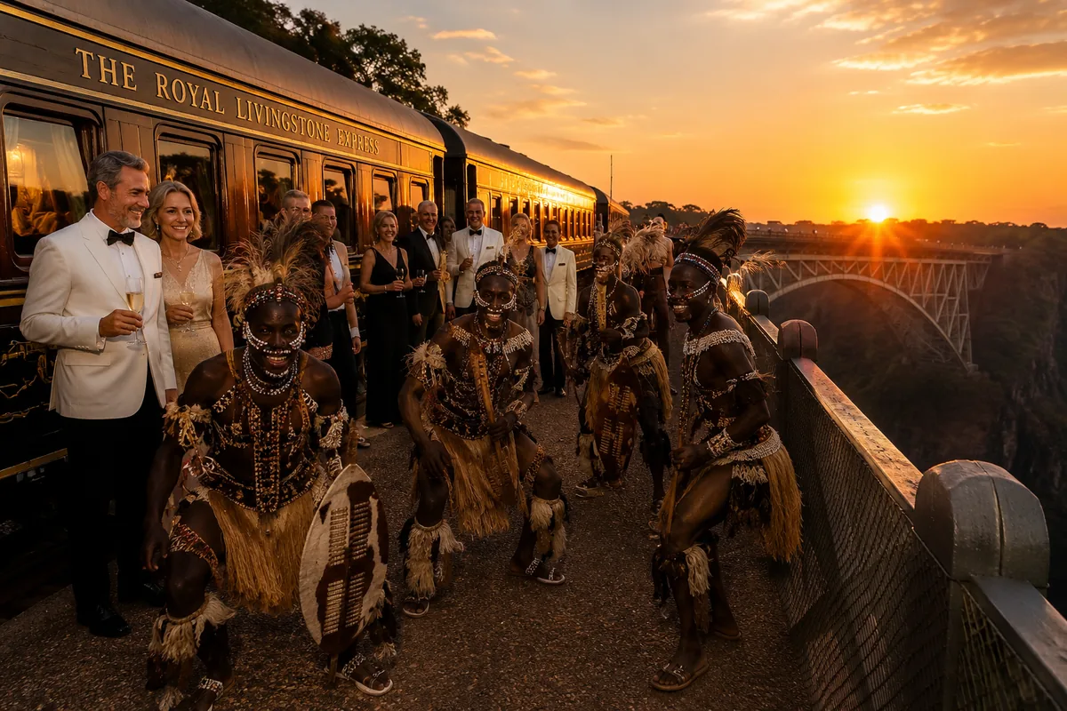 A group of elegant travellers during an exceptional evening before a luxury train at sunset