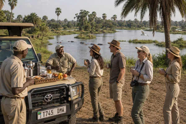 Voyageurs et guides autour d'un café sur le capot du 4×4, hippopotames dans la rivière derrière