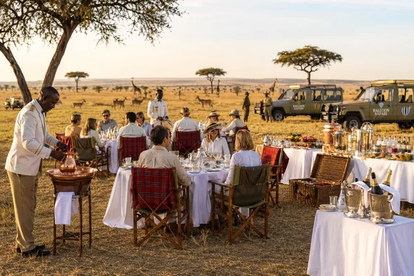 Tables dressées en pleine savane, service en tenue immaculée, girafes à l'horizon