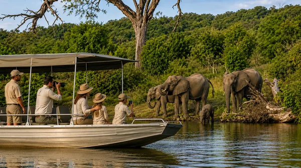 Famille observant depuis un bateau des éléphants venus boire au bord de l'eau