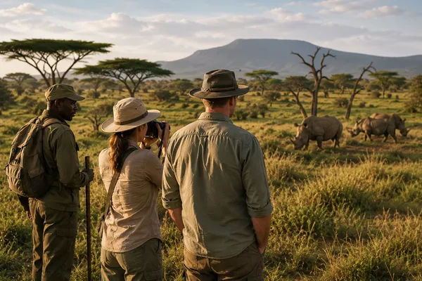 Voyageurs photographiant des rhinocéros lors d'un safari à pied encadré par un ranger
