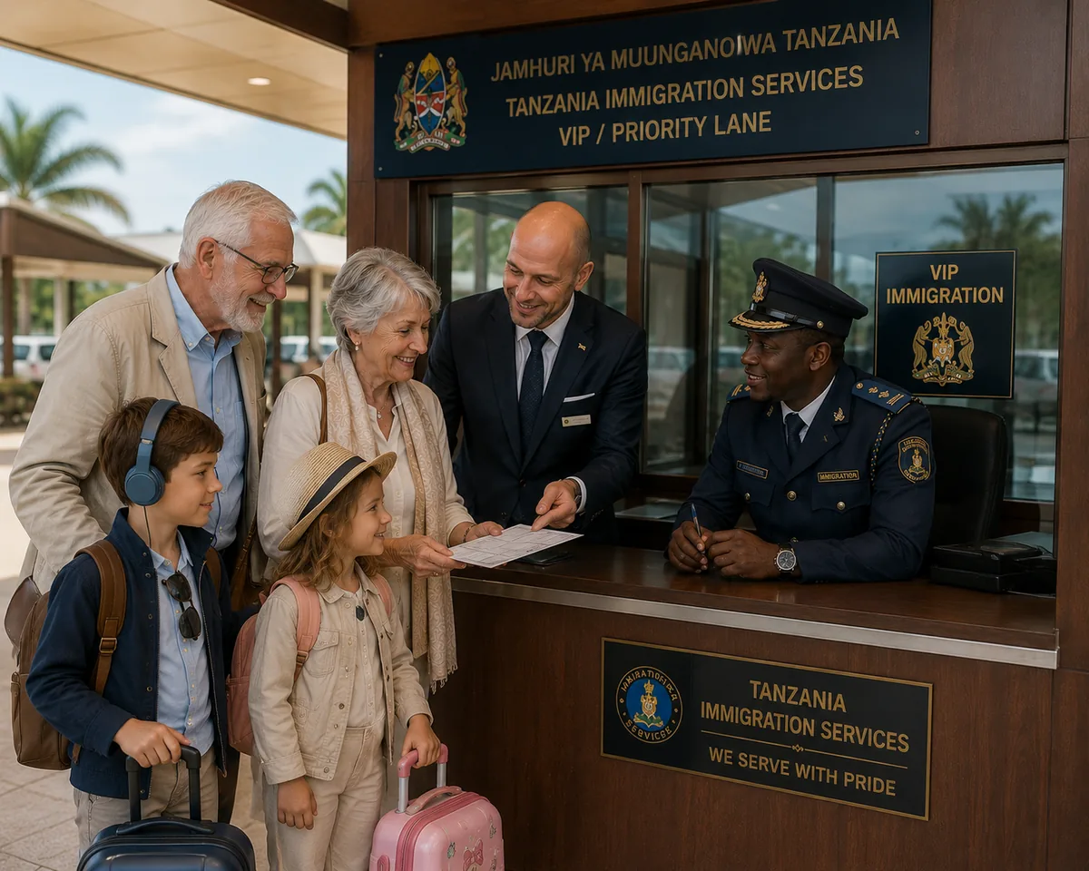 Senior travellers and their grandchildren assisted by a personal companion on arrival