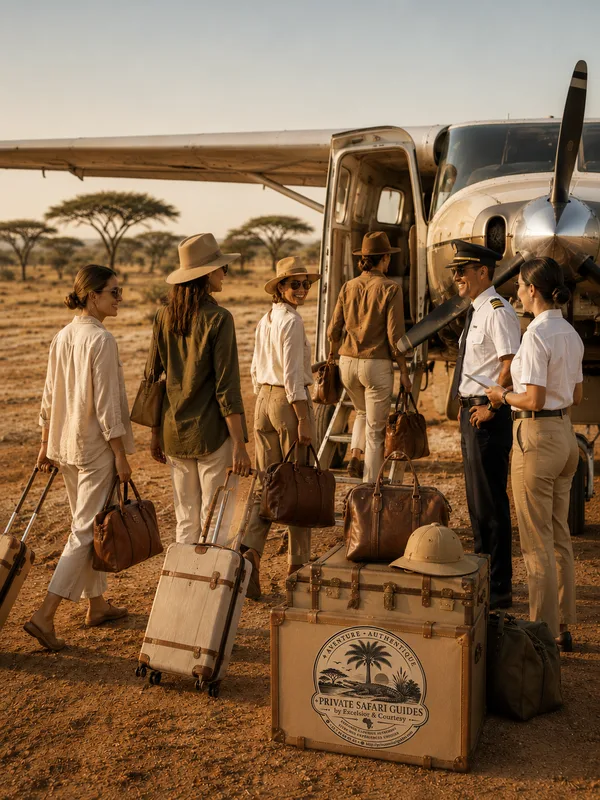 Voyageuses accueillies par l'équipage au pied d'un avion de brousse privé, malles siglées Private Safari Guides