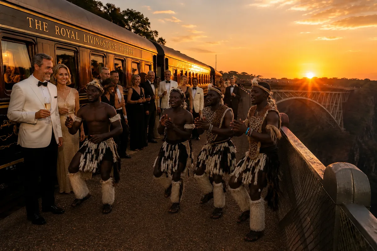 Danseurs traditionnels et voyageurs élégants devant le Royal Livingstone Express au coucher du soleil