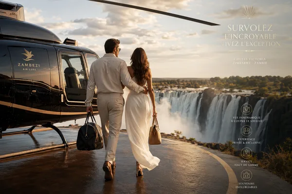 Couple rejoignant un hélicoptère privé au-dessus des chutes Victoria, entre Zimbabwe et Zambie