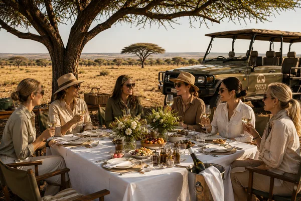 Groupe de voyageuses réunies autour d'une table dressée sous un acacia, 4×4 de safari en arrière-plan