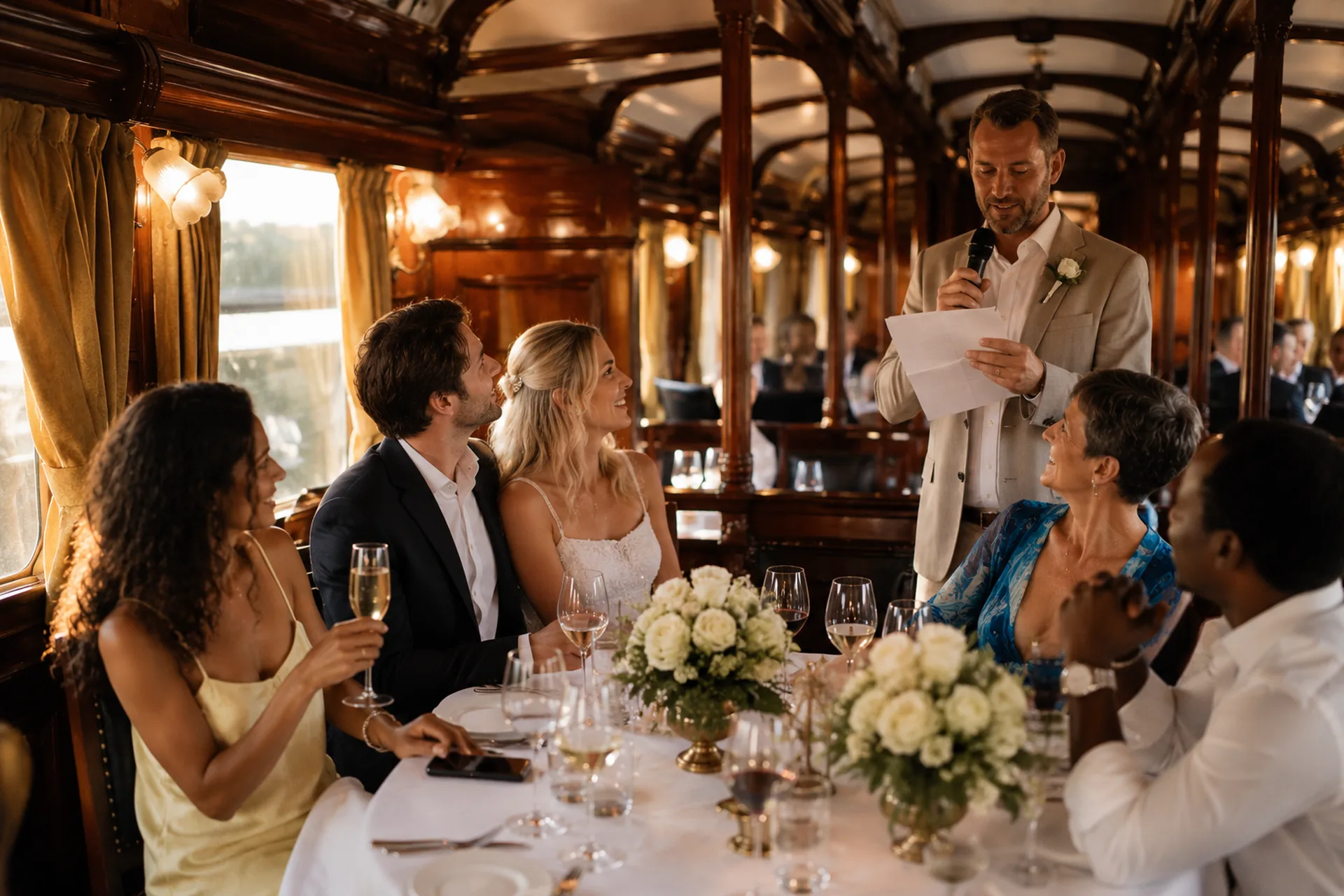 Travellers gathered for a toast inside the lounge carriage of a luxury train